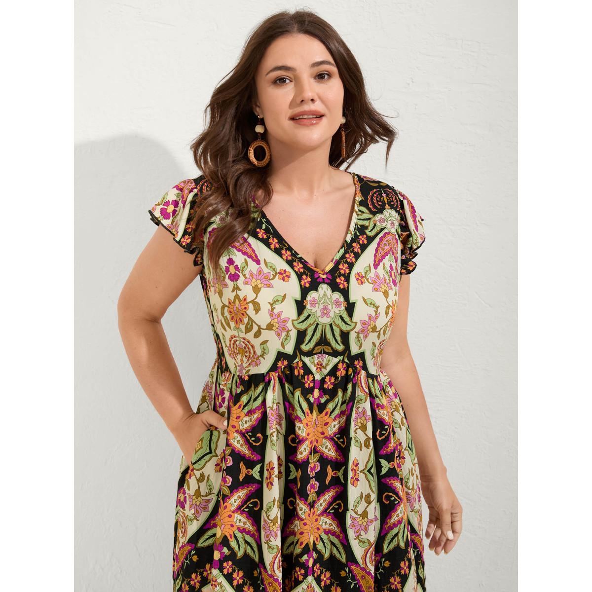 Plus Size Floral Print Ruffled Sleeve V-Neck Midi Dress Black Women Boho V-neck Cap Sleeve Curvy BloomChic 10/M Product Image