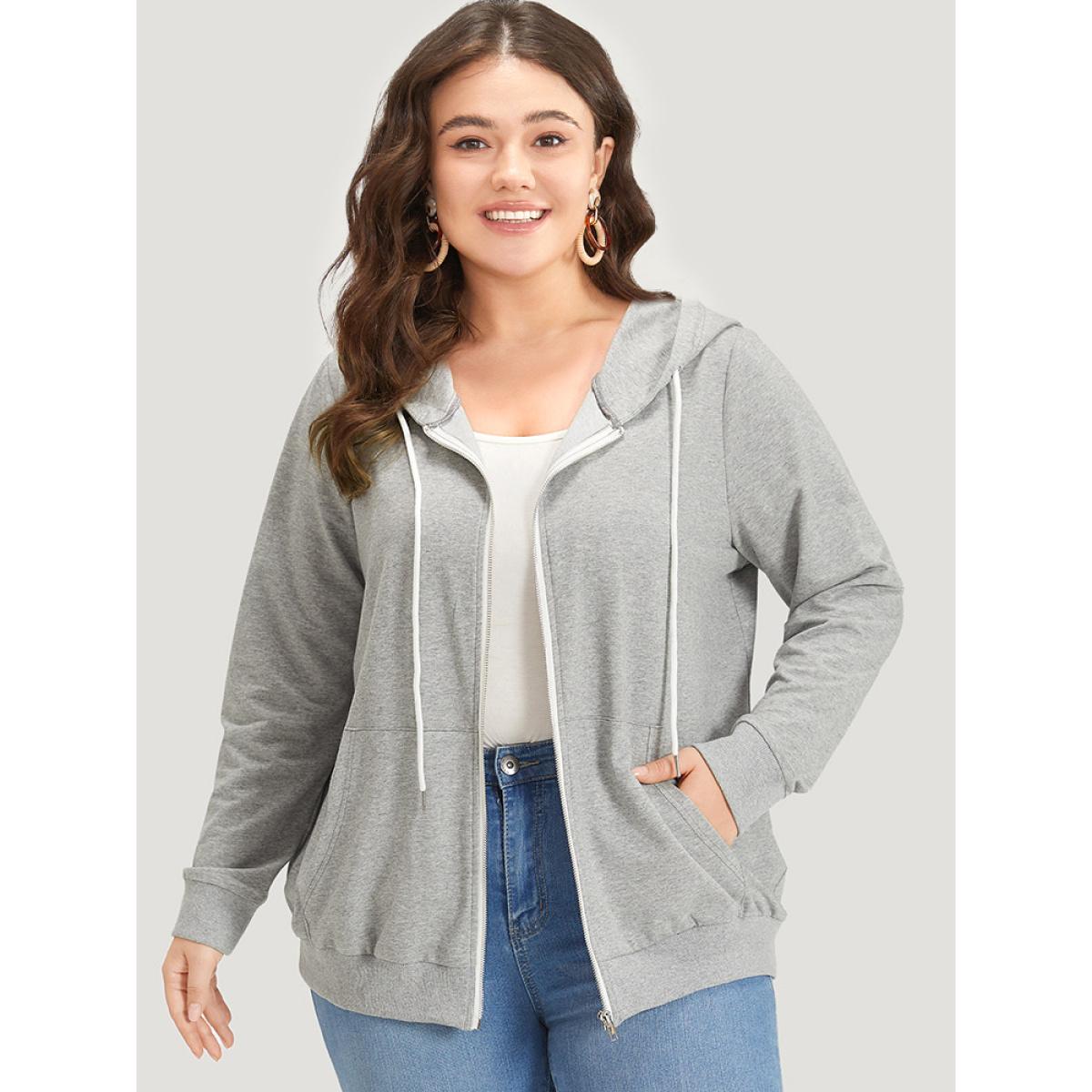 Plus Size Hooded Zipper Fly Ties Pocket Sweatshirt Women Gray Casual Elastic cuffs Hooded Dailywear Sweatshirts BloomChic 26/4X Product Image
