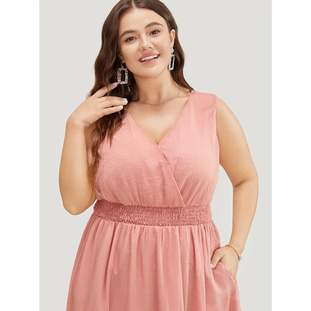 Plus Size Solid Pocket Ruffle Hem Wrap Shirred Tank Dress Pink Women Party Wrap V-neck Sleeveless Curvy Midi Dress BloomChic 22-24/3X Product Image