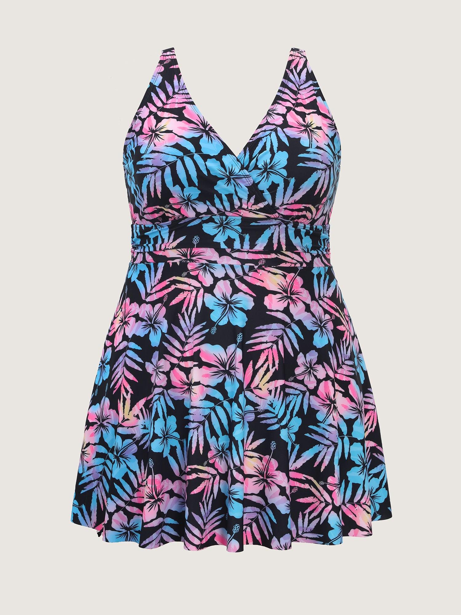 Tropical Floral Color Contrast Pocket Swim Dress Female Product Image
