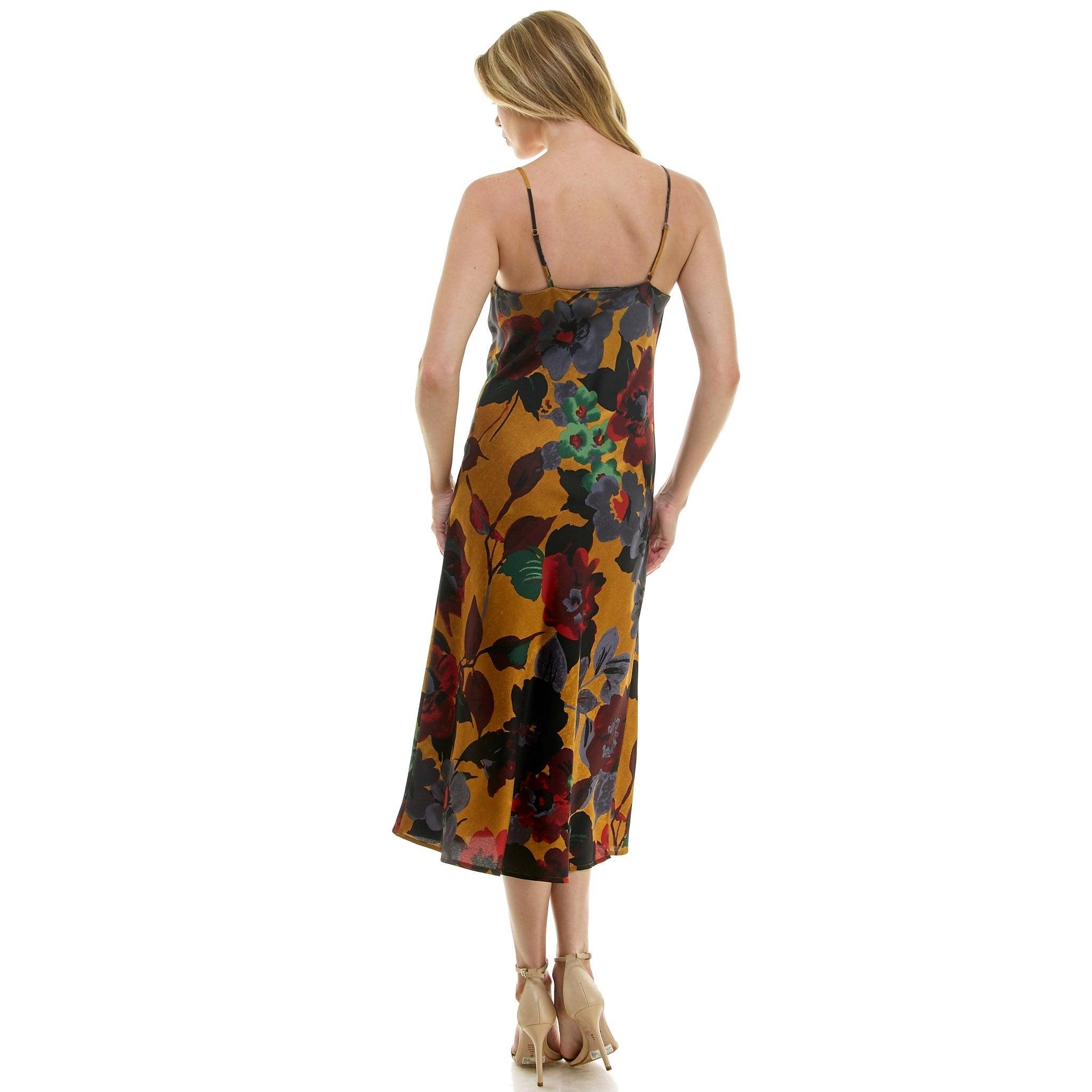 Gold Floral Cowl Neck Slip Midi Dress Product Image