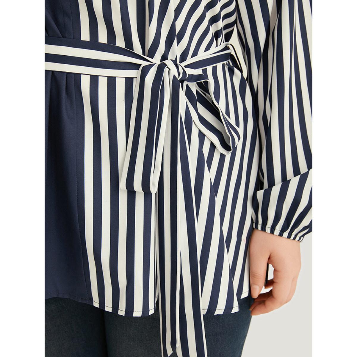 Plus Size Indigo Striped Patchwork Notched Belted Lantern Sleeve Blouse Women Office Long Sleeve V-neck Office Blouses BloomChic 14-16/1X Product Image