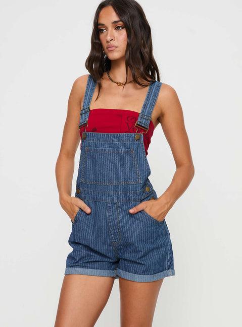 Kacey Short Overalls Mid Blue Pinstripe Product Image