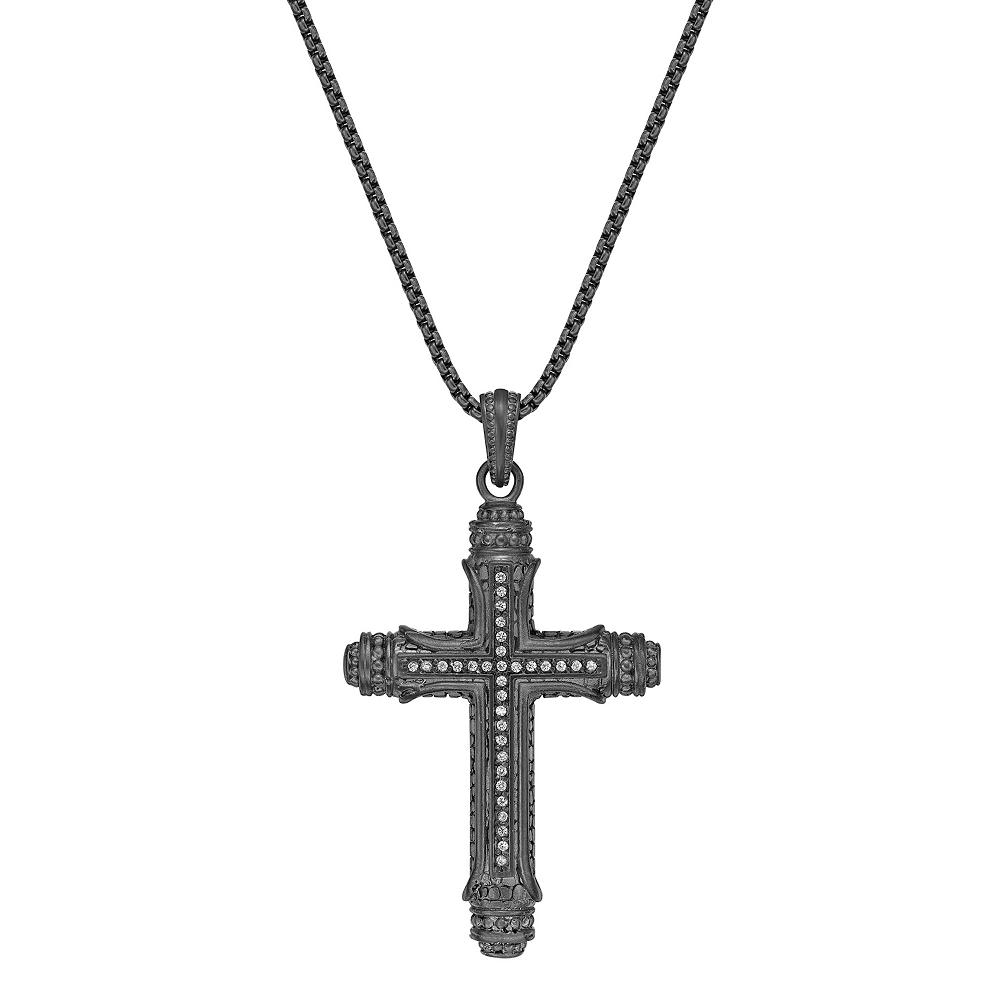 LYNX Men's Stainless Steel Cubic Zirconia Cross Pendant Necklace, Size: 24", Grey Product Image