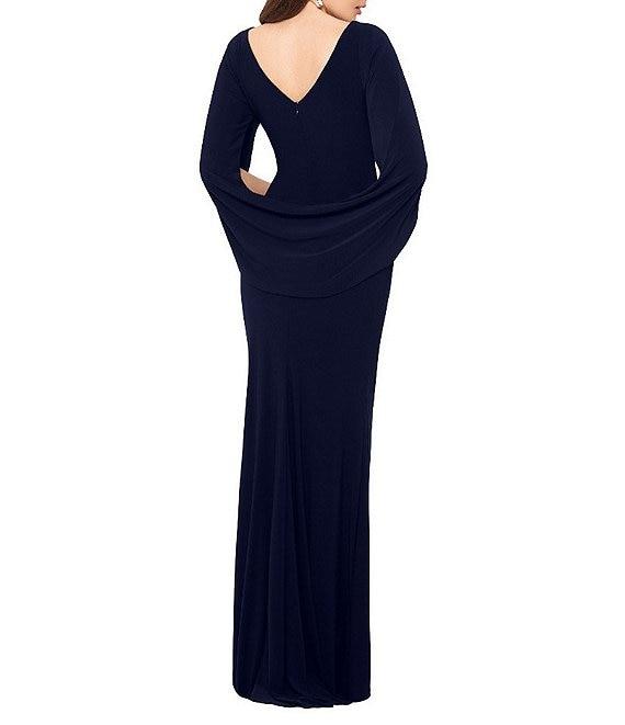 Betsy & Adam Cowl Neck Sleeveless Draped Back Mermaid Gown Product Image