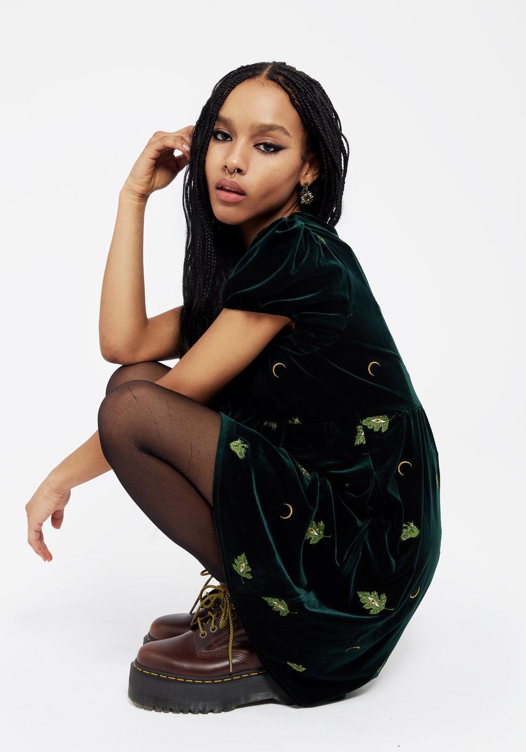 Swamplife Frog Embroidered Velour Button Up Mini Dress Product Image