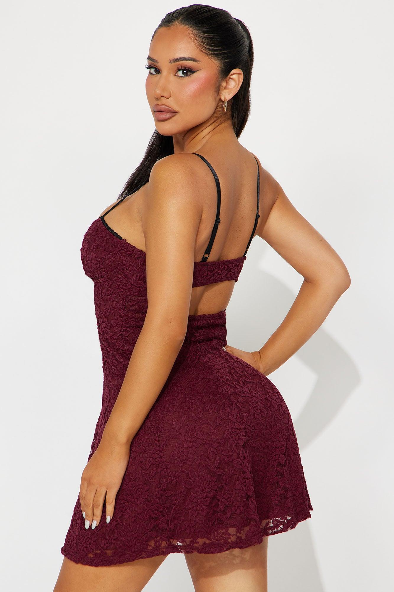 Lace Romance Mini Dress - Burgundy Product Image