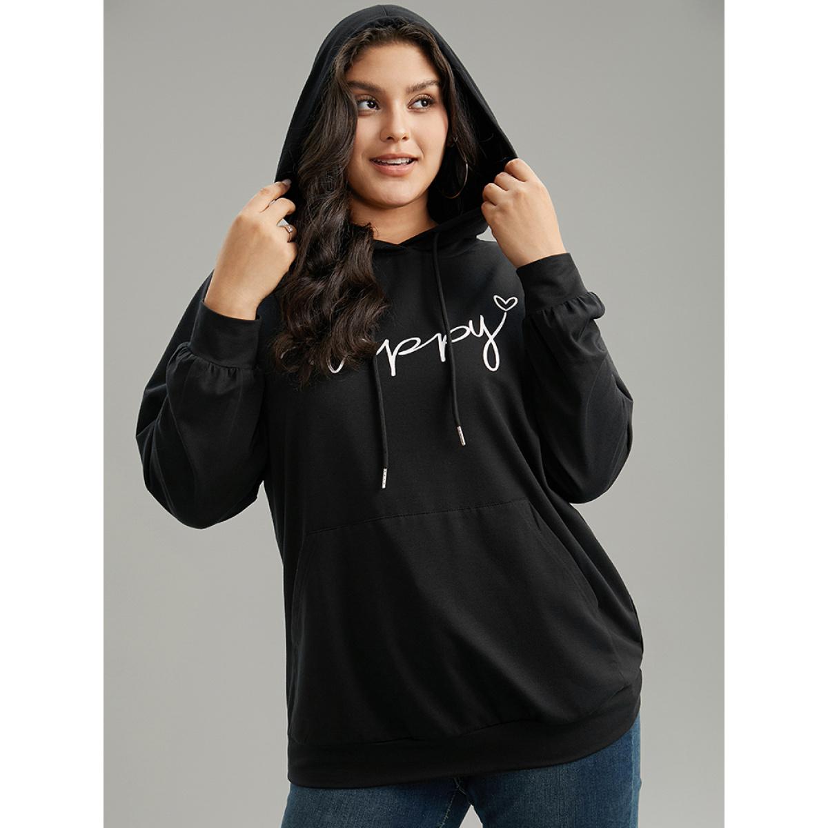 Plus Size Positive Slogans Print Kangaroo Pocket Hooded Sweatshirt Women Black Casual Printed Dailywear Sweatshirts BloomChic 26/4X Product Image