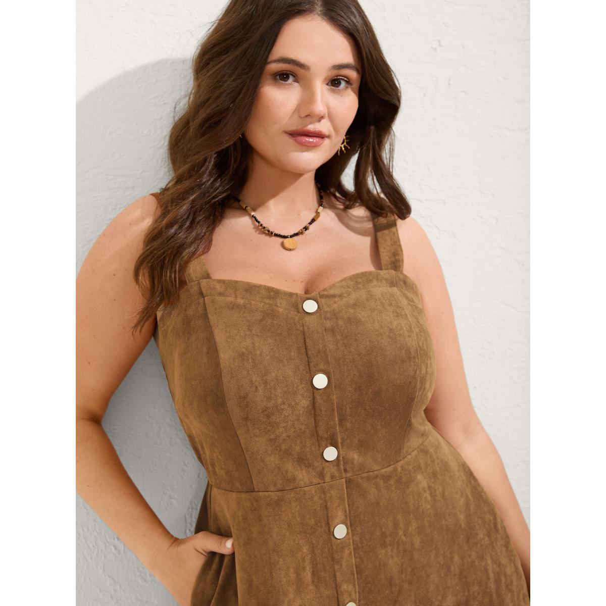 Plus Size Suede Button Placket Sweetheart Midi Dress Browncoffeecolor Women Boho Square Neck Sleeveless Curvy BloomChic 12/L Product Image