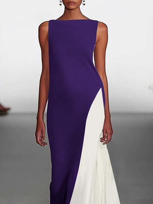Loose Sleeveless Contrast Color Round-Neck Maxi Dresses Product Image
