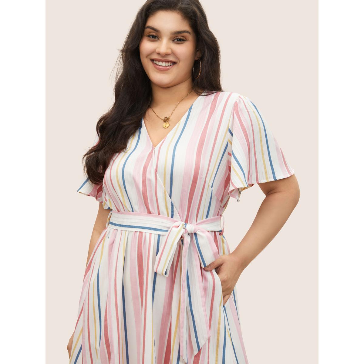 Plus Size Striped Wrap Patchwork Belted Frill Trim Dress White Women Casual Non Overlap Collar Short sleeve Curvy Midi Dress BloomChic 22-24/3X Product Image