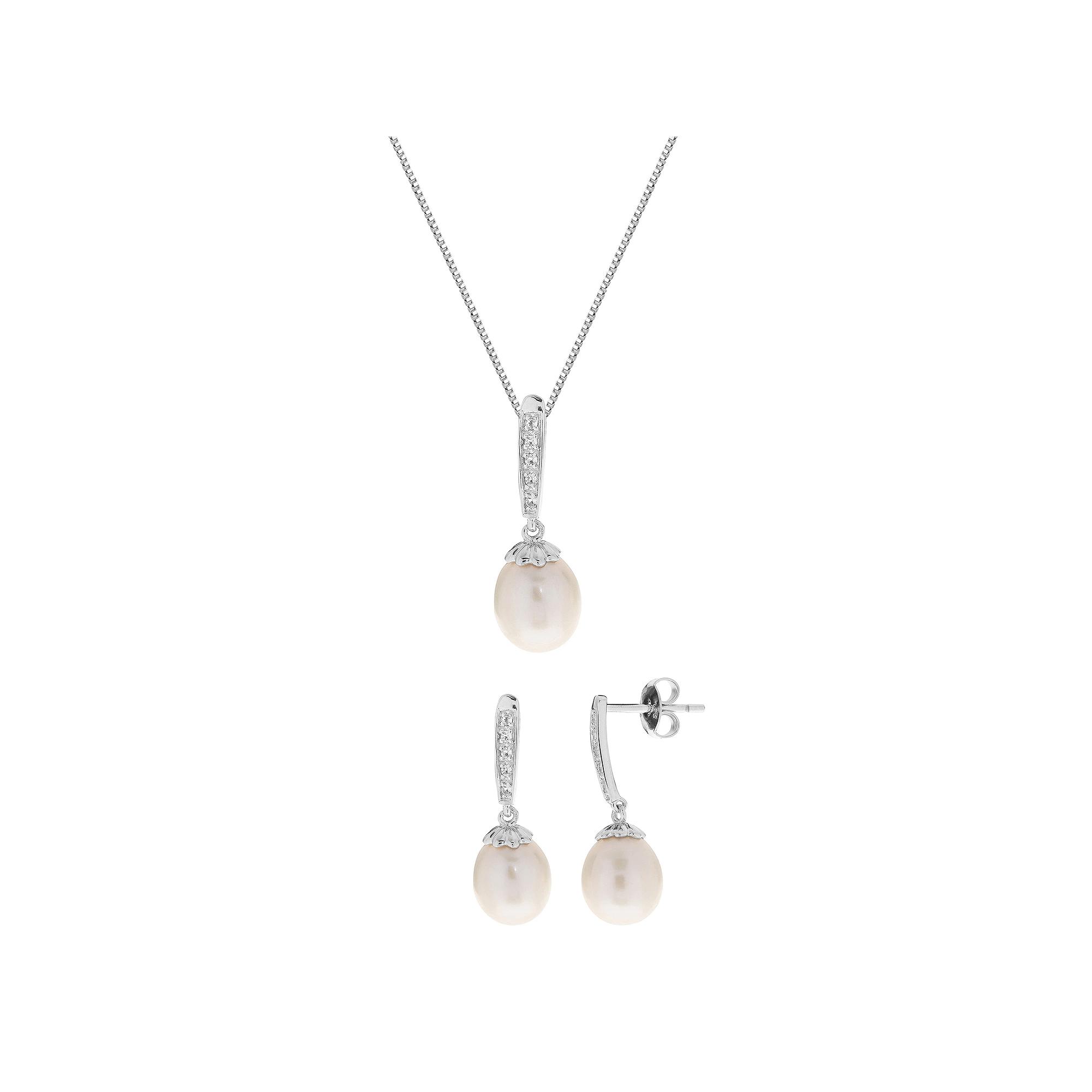PearLustre by Imperial Sterling Silver Freshwater Cultured Pearl & White Topaz Pendant Necklace & Drop Earrings Set, Womens Product Image