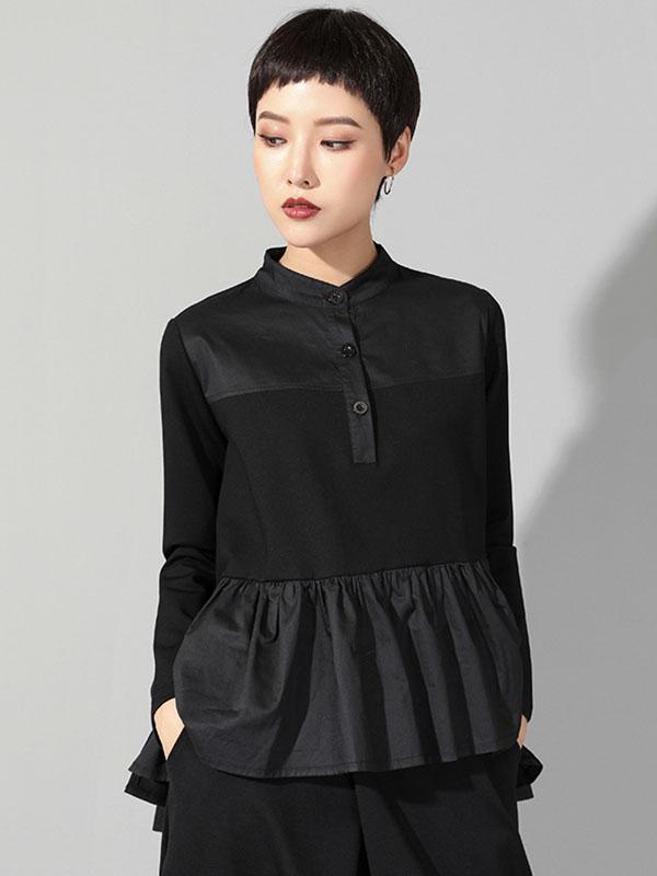 Original Creation Long Sleeves Loose Falbala Split-Joint Stand Collar T-Shirts Tops Product Image