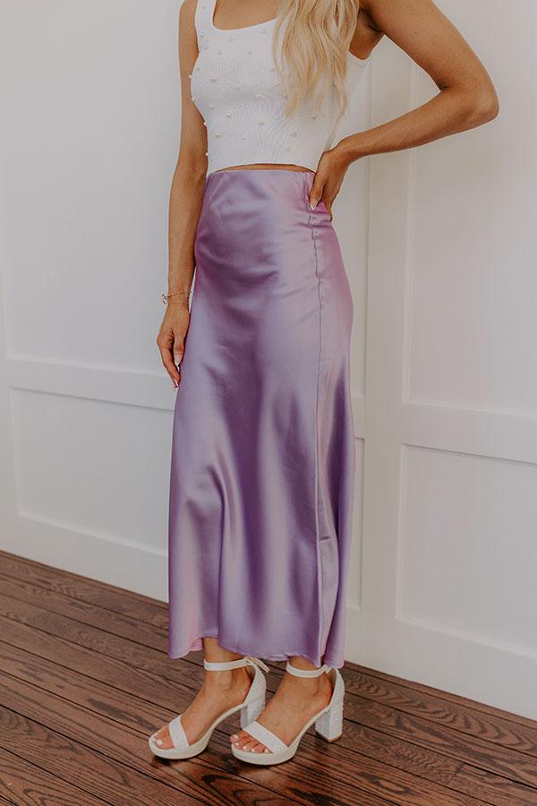 The Tiffany High Waist Satin Midi Skirt in Lavender Product Image