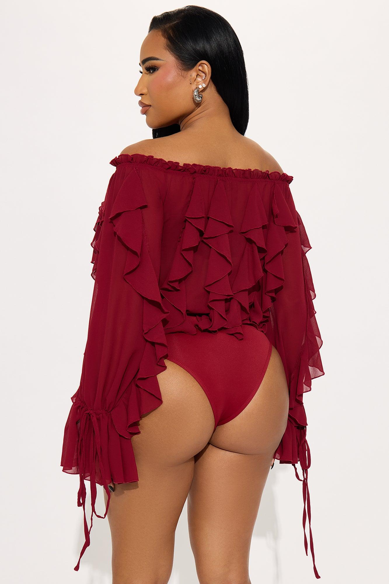 I'm Your Favorite Ruffle Chiffon Bodysuit - Burgundy Female Product Image