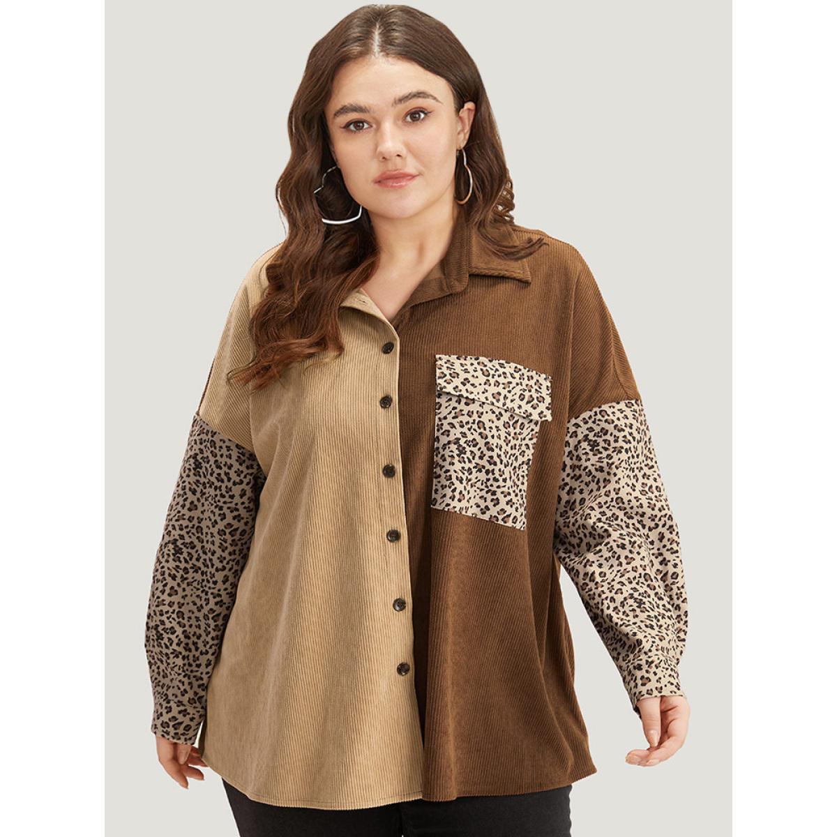 Plus Size Leopard Patchwork Pocket Contrast Button Through Coat Women DarkBrown Texture Pocket Dailywear Jackets BloomChic 12/L Product Image