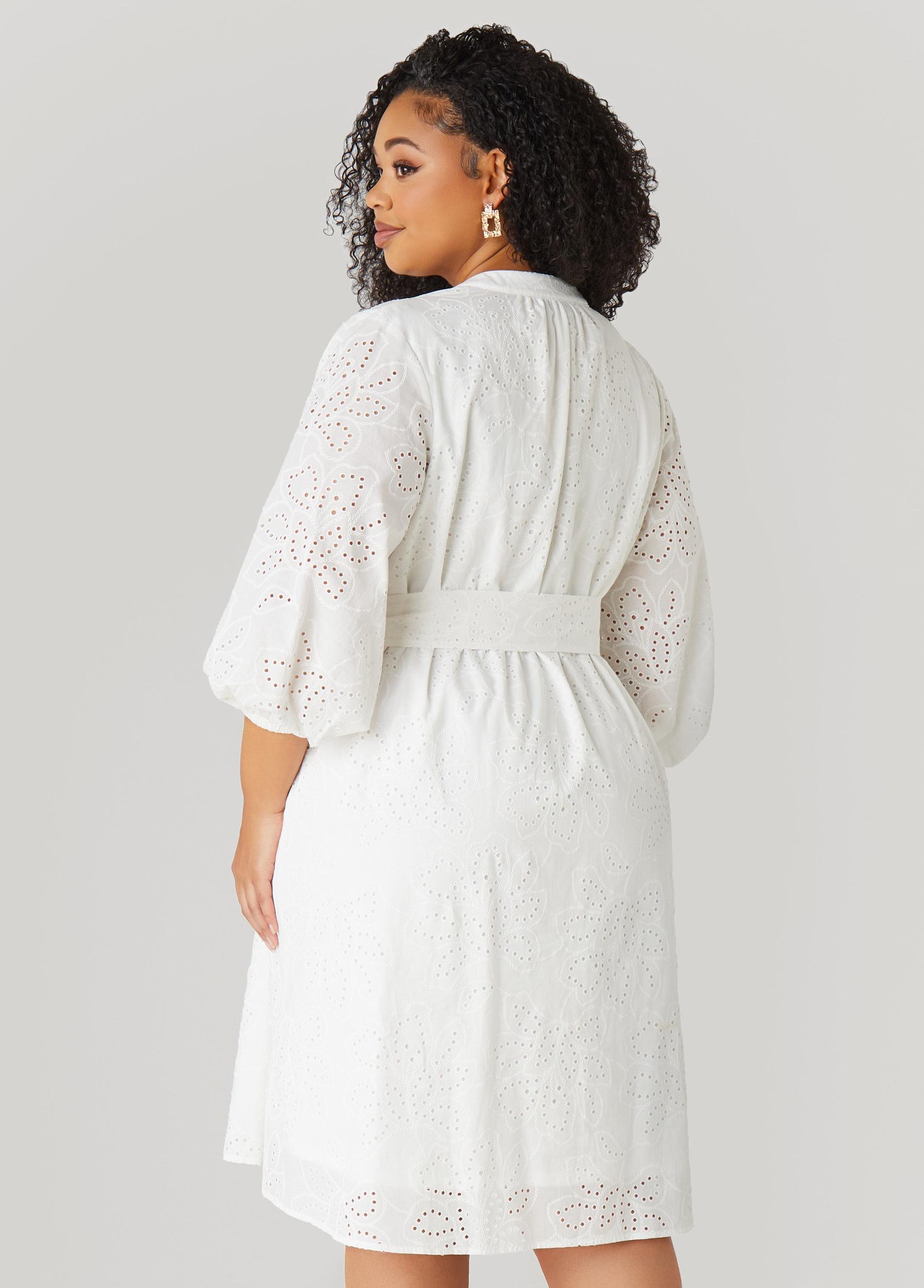 Plus Size Eyelet Cotton Puff Sleeved Dress Ashley Stewart Product Image