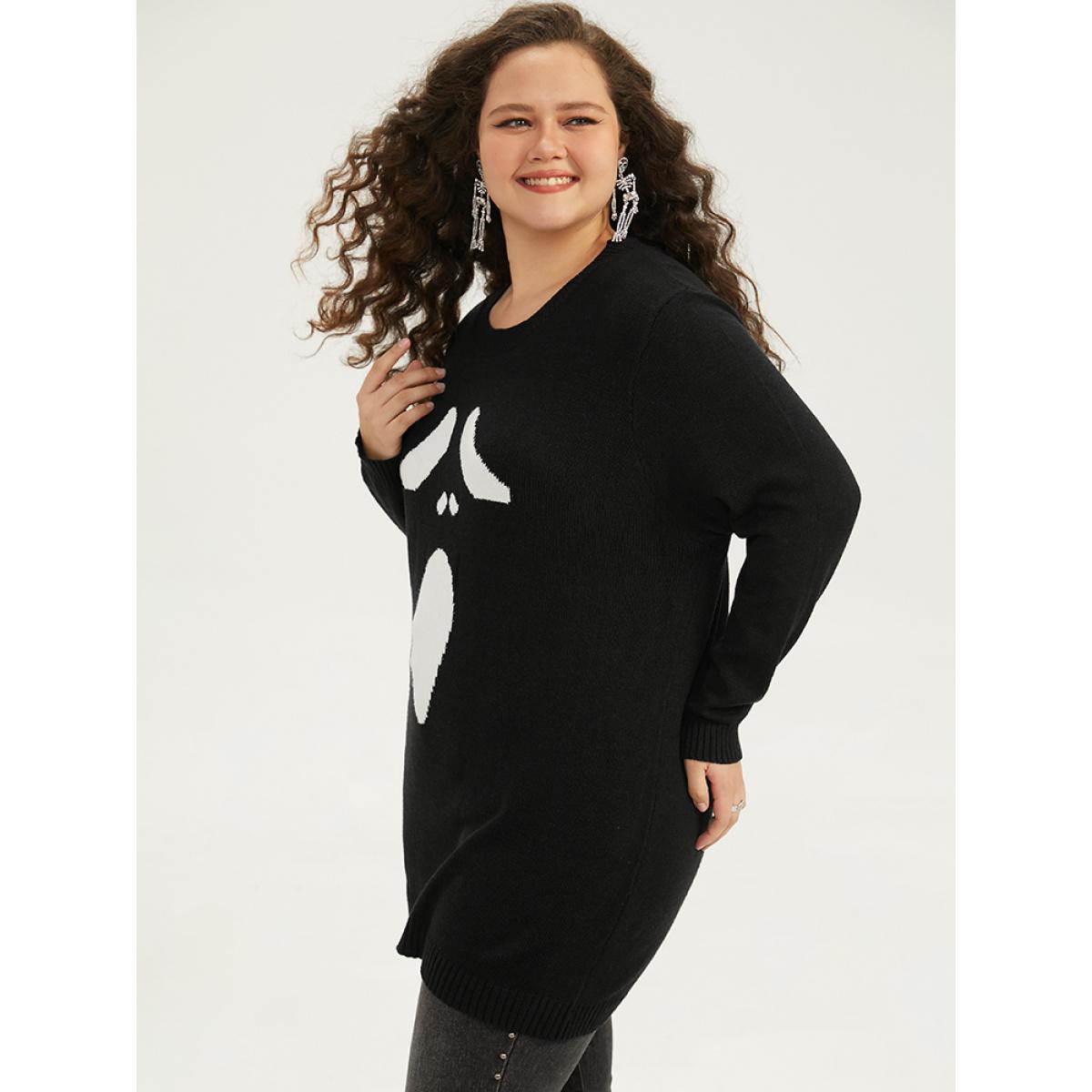 Plus Size Supersoft Essentials Halloween Ghost Face Print Pullover Black Women Casual Loose Long Sleeve Round Neck Festival-Halloween Pullovers BloomChic 28/5X Product Image