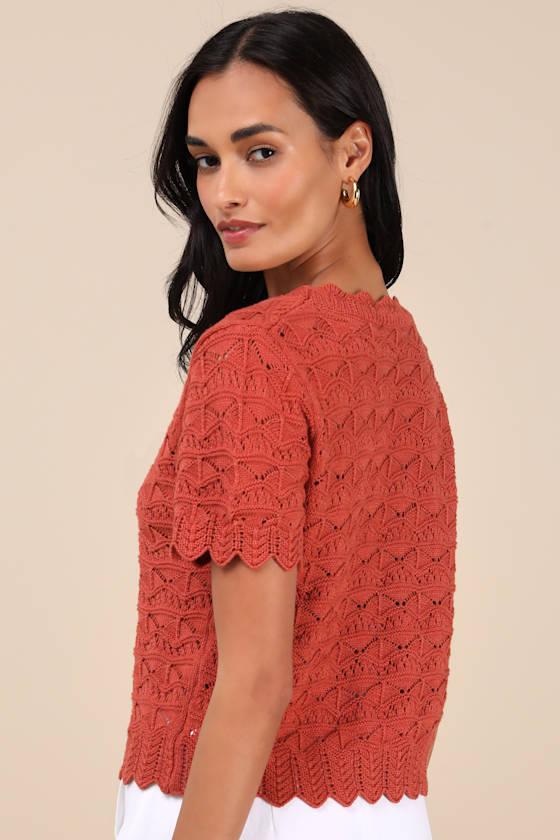Sweetest Example Rust Orange Pointelle Knit Short Sleeve Top Product Image