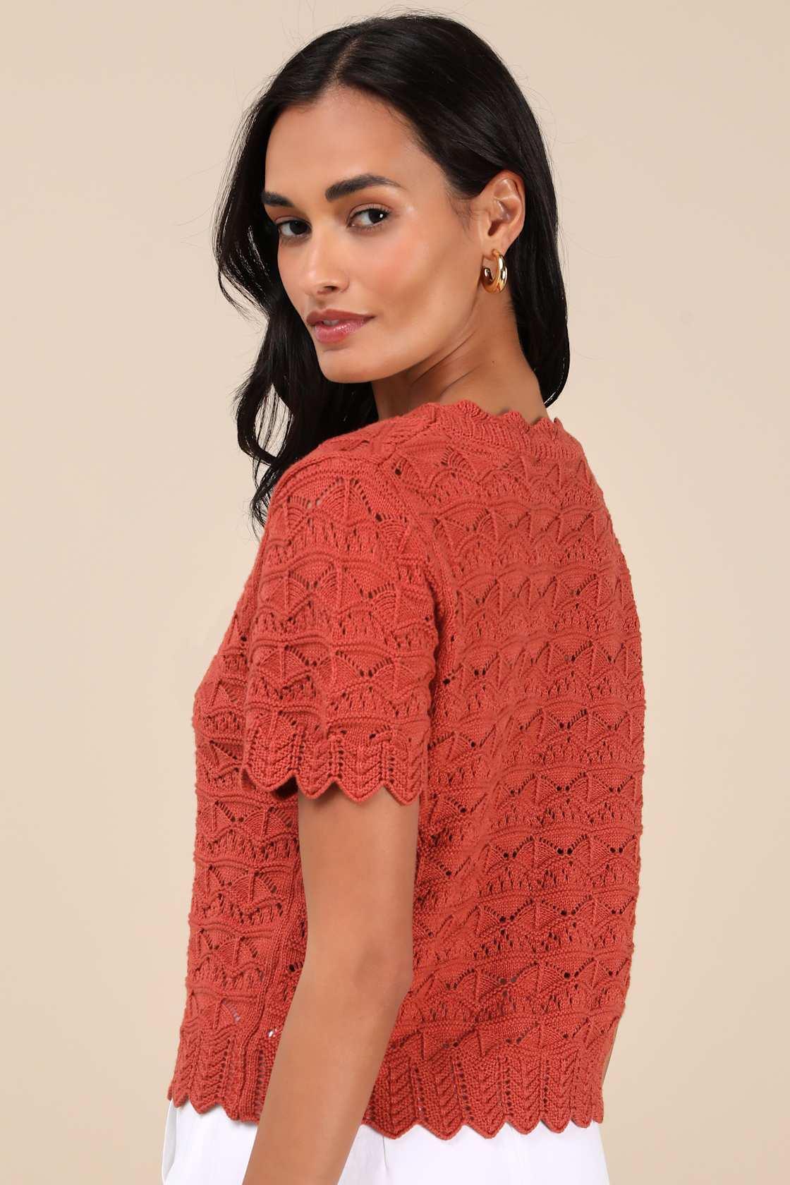 Sweetest Example Rust Orange Pointelle Knit Short Sleeve Top Product Image