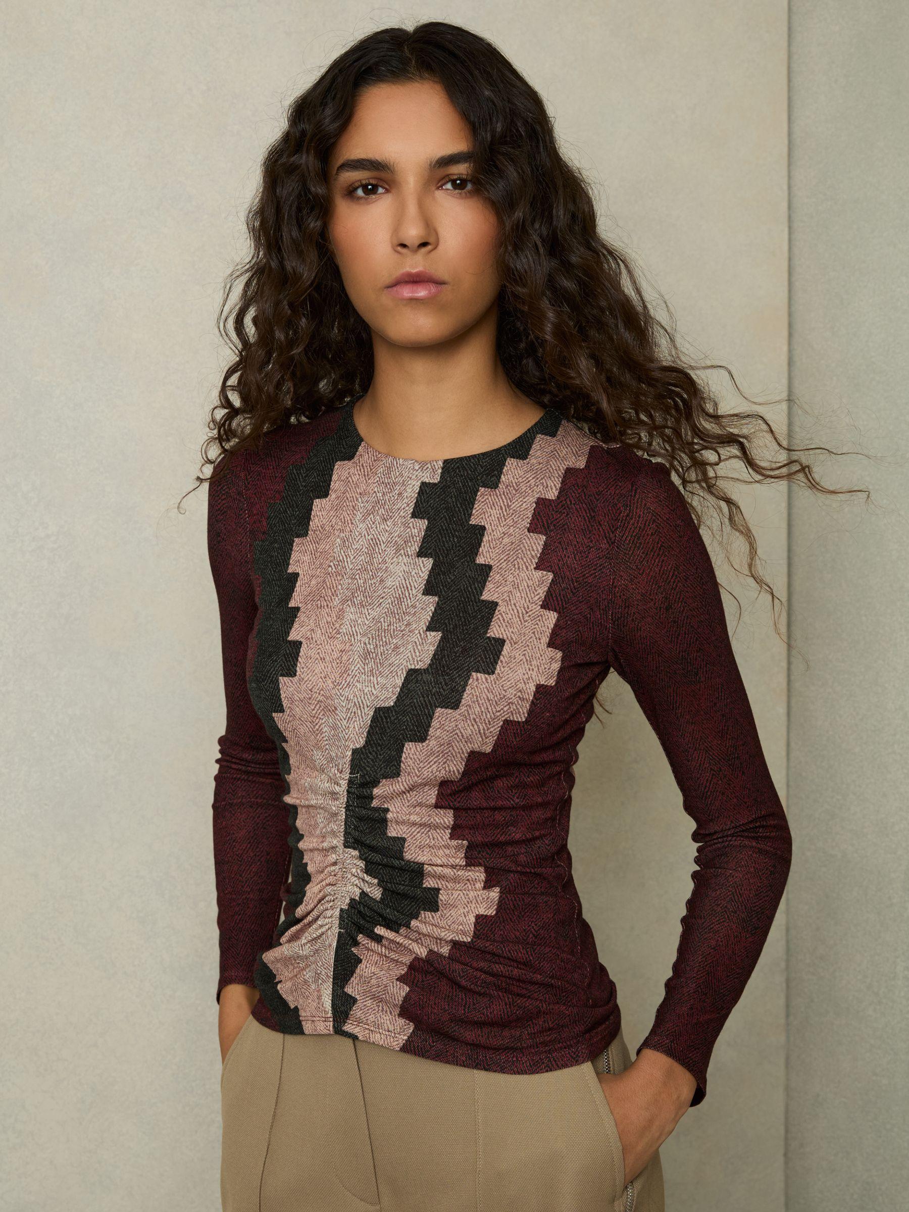 Printed Ruched Top With Wool in Burgundy Product Image