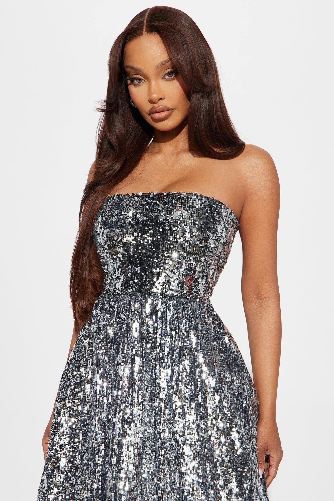 Spectacular Night Sequin Midi Dress - Silver Product Image