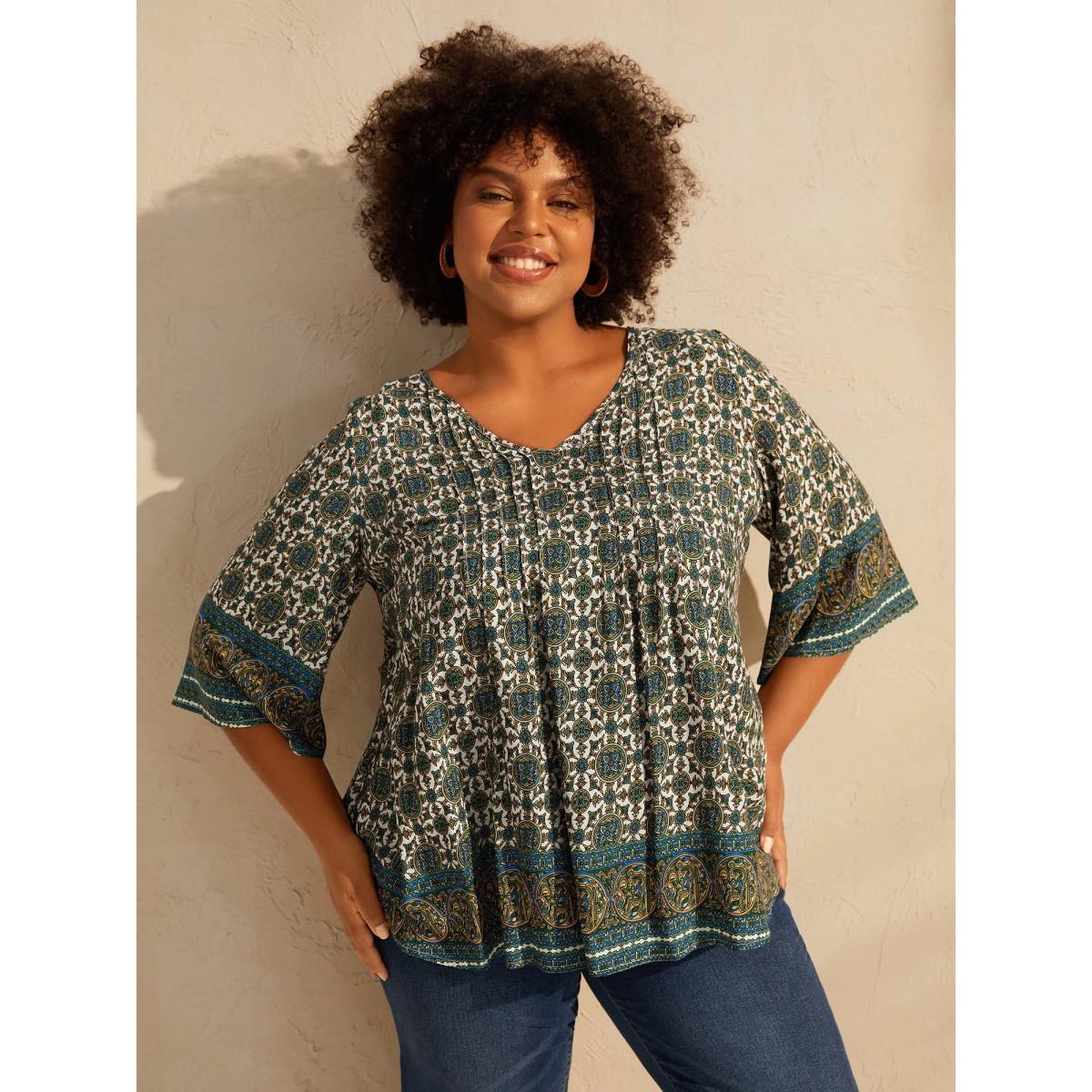 Plus Size Multicolor Pin-Tuck Pleat Ornate Print Relaxed Fit Shirt Women Boho Elbow-length sleeve V-neck Vacation Blouses BloomChic 18-20/2X Product Image