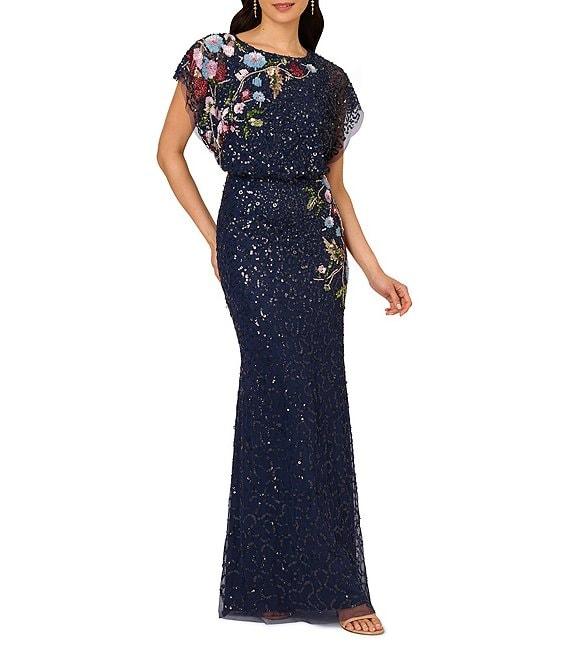 Adrianna Papell Beaded Sequin Mesh Floral Mermaid Boat Neck Short Dolman Sleeve Gown Product Image