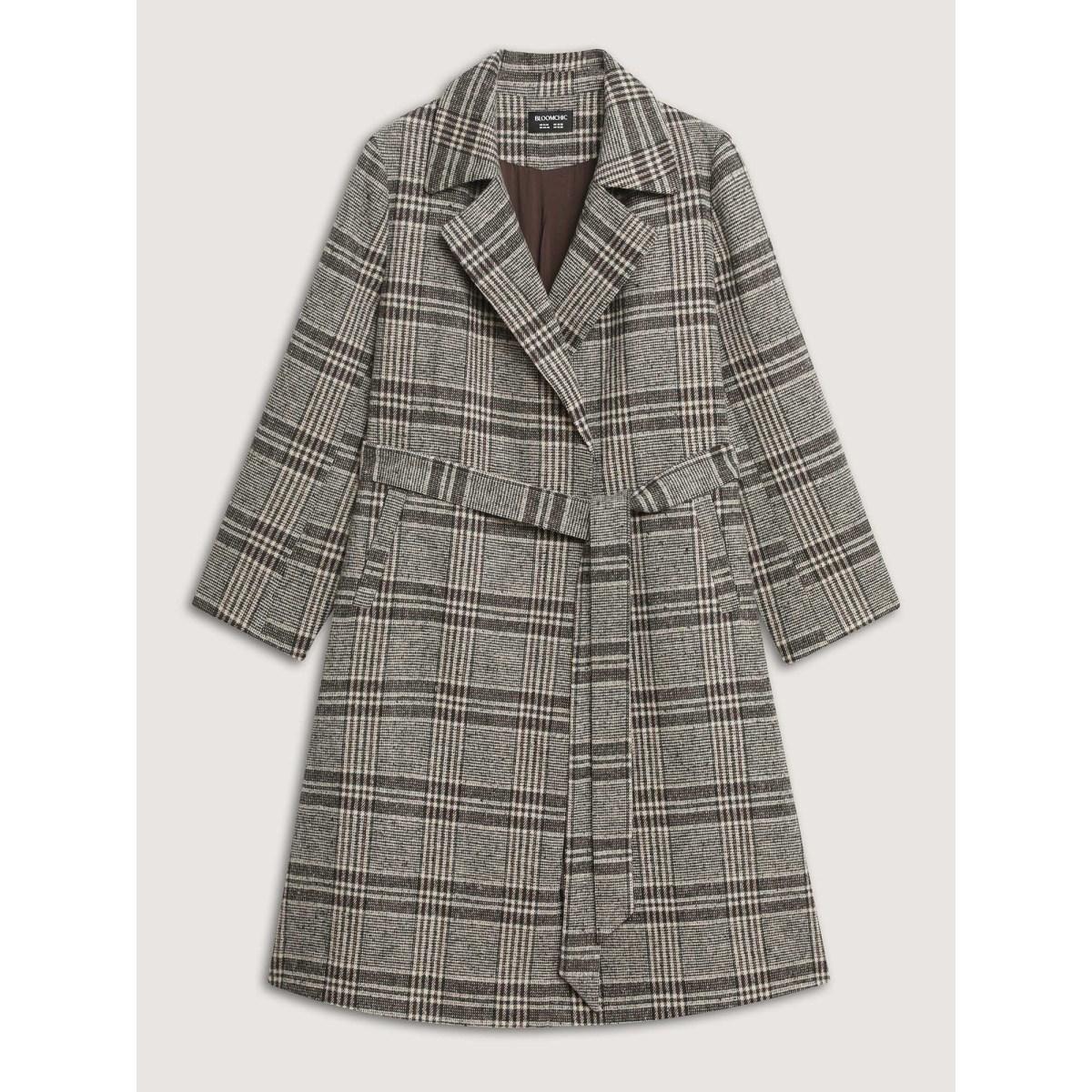 Plus Size Plaid Belted Waist-Defining Coat Women Yellowishbrown Retro Ladies Elegant Winter Coats BloomChic 22-24/3X Product Image