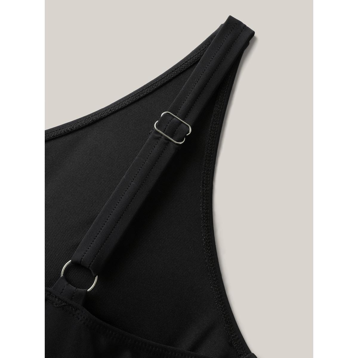 Plus Size Shell Embroidered Surplice Neck Swim Dress Women's Swimwear Black Beach Bodycon Overlap Collar High stretch Curve Swim Dresses BloomChic 18-20/2X Product Image