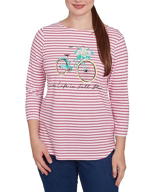 Ruby Rd. Knit Bicycle Floral Striped Crew Neck 3/4 Sleeve Knit Top Product Image