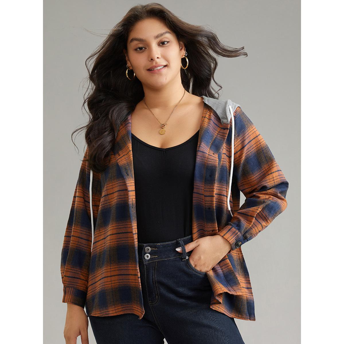 Plus Size Plaid Patchwork Hooded Drawstring Button Through Jacket Women Chocolate Dailywear Jackets BloomChic 26/4X Product Image