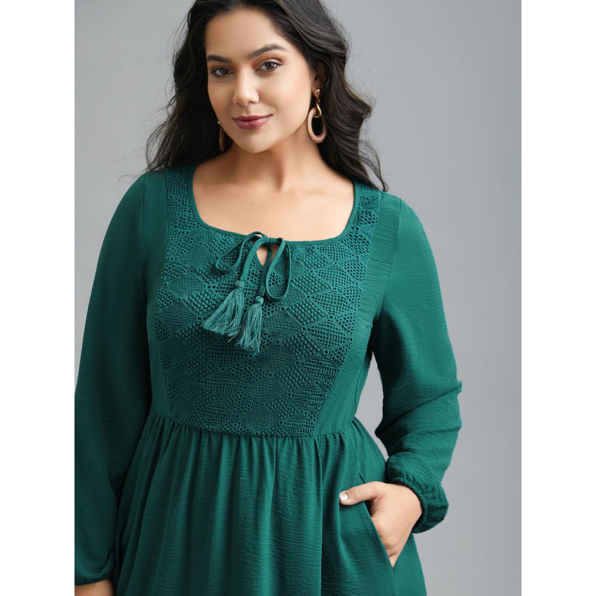 Plus Size Lace Neck Detail Tassels Midi Dress DarkGreen Women Resort Tie knot Square Neck Long Sleeve Curvy BloomChic 14-16/1X Product Image
