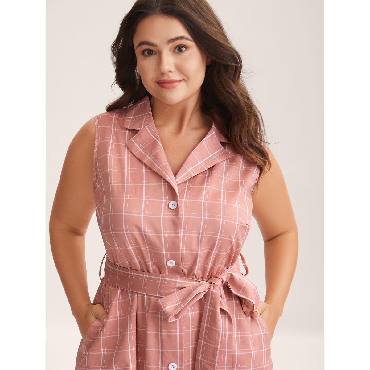 Plus Size Plaid Belted Pockets Shirt Dress Watermelon Women Suit Collar Sleeveless Curvy BloomChic 22-24/3X Product Image