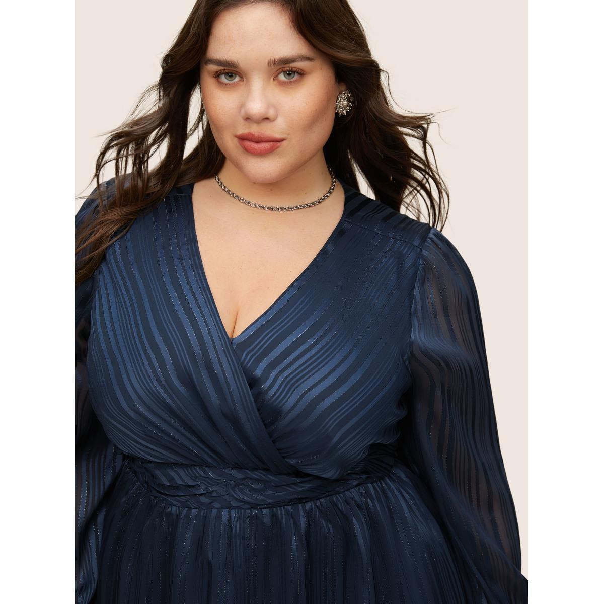 Plus Size Indigo Texture Ruched Mesh Wrap Blouse Women Cocktail Long Sleeve Overlap Collar Party Blouses BloomChic 28/5X Product Image