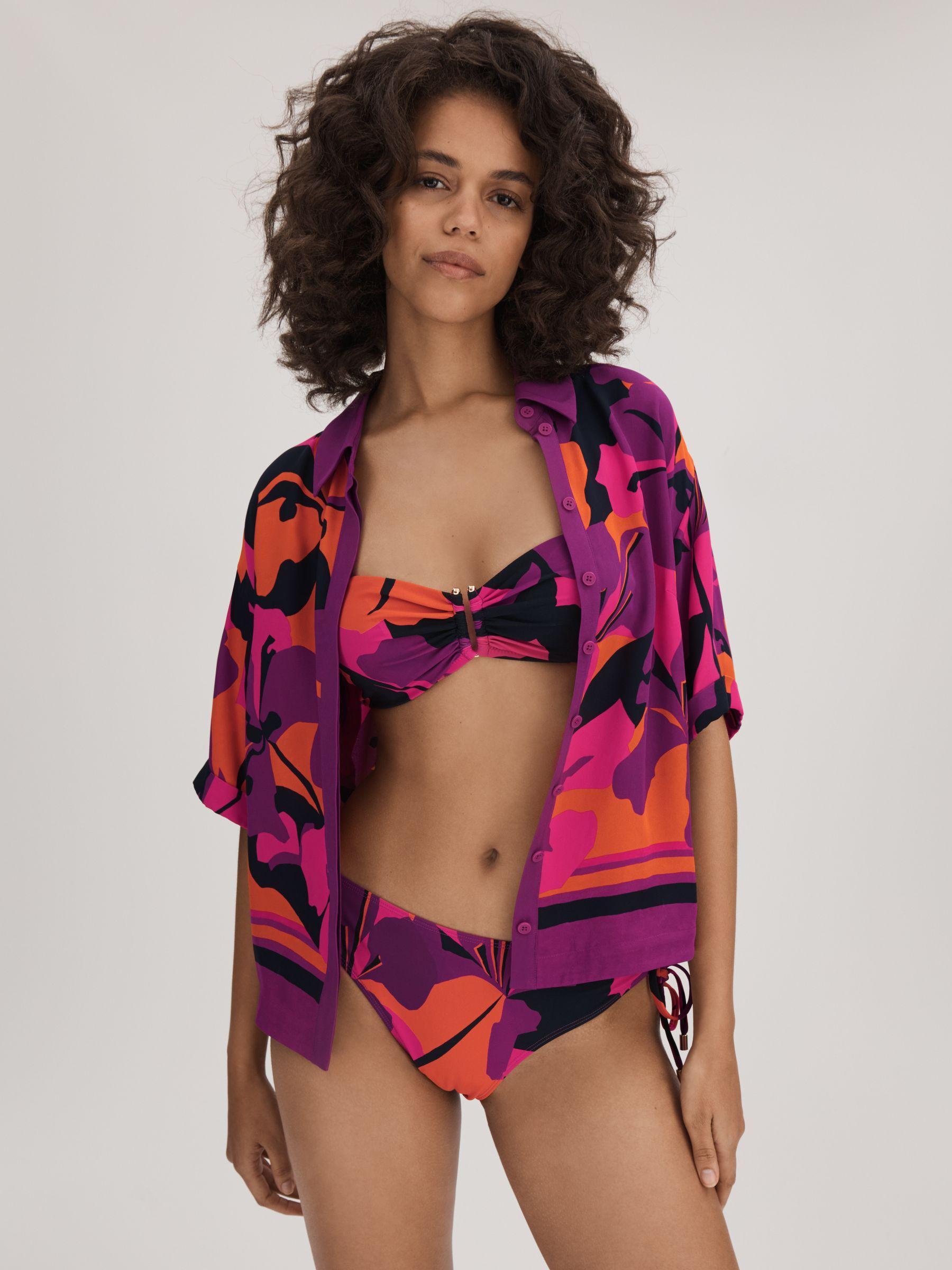 Florere Printed Ruched Bikini Bottoms in Pink/Orange Product Image