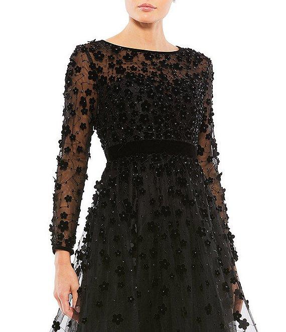 Mac Duggal Illusion Round Neck Long Sleeve Velvet Trim Floral Fit & Flare Midi Dress Product Image