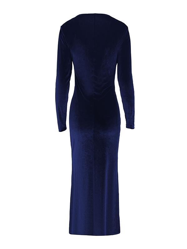 Bodycon Long Sleeves Pleated Solid Color Split-Joint V-Neck Evening Dresses Maxi Dresses Product Image