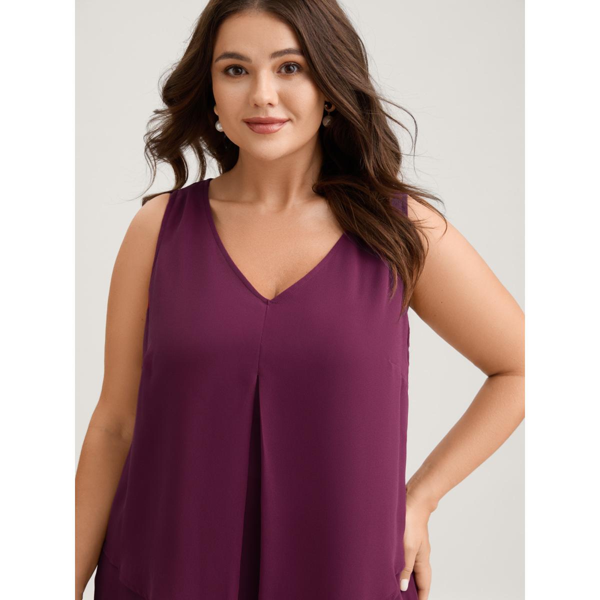 Plus Size Chiffon Overlap Hem V-Neck Tank Top Women Plum Timeless V-neck Elegant Tank Tops Camis BloomChic 22-24/3X Product Image