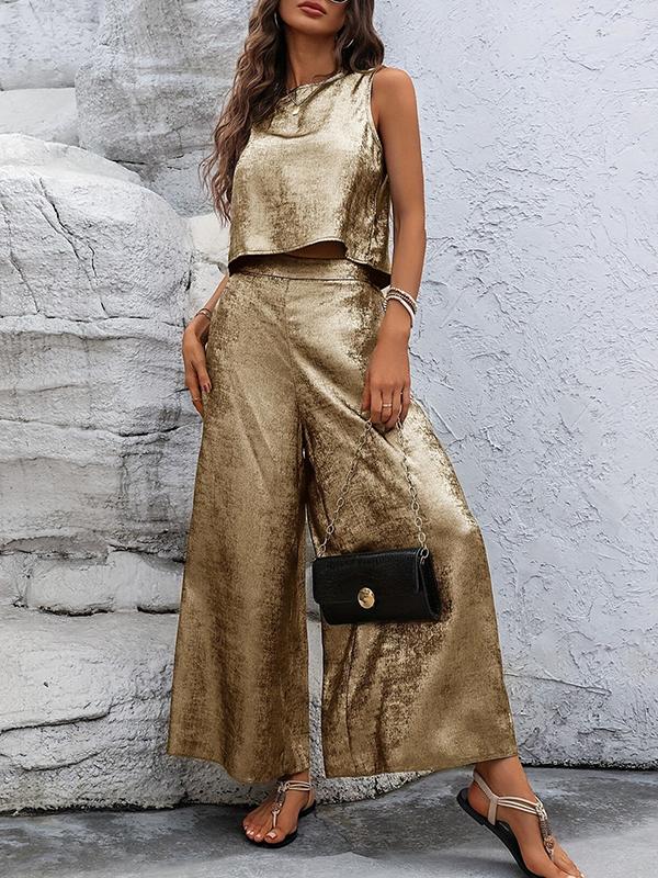 Loose Sleeveless Hollow Shiny Split-Joint Round-Neck Vest Top + Pants Bottom Two Pieces Set Product Image