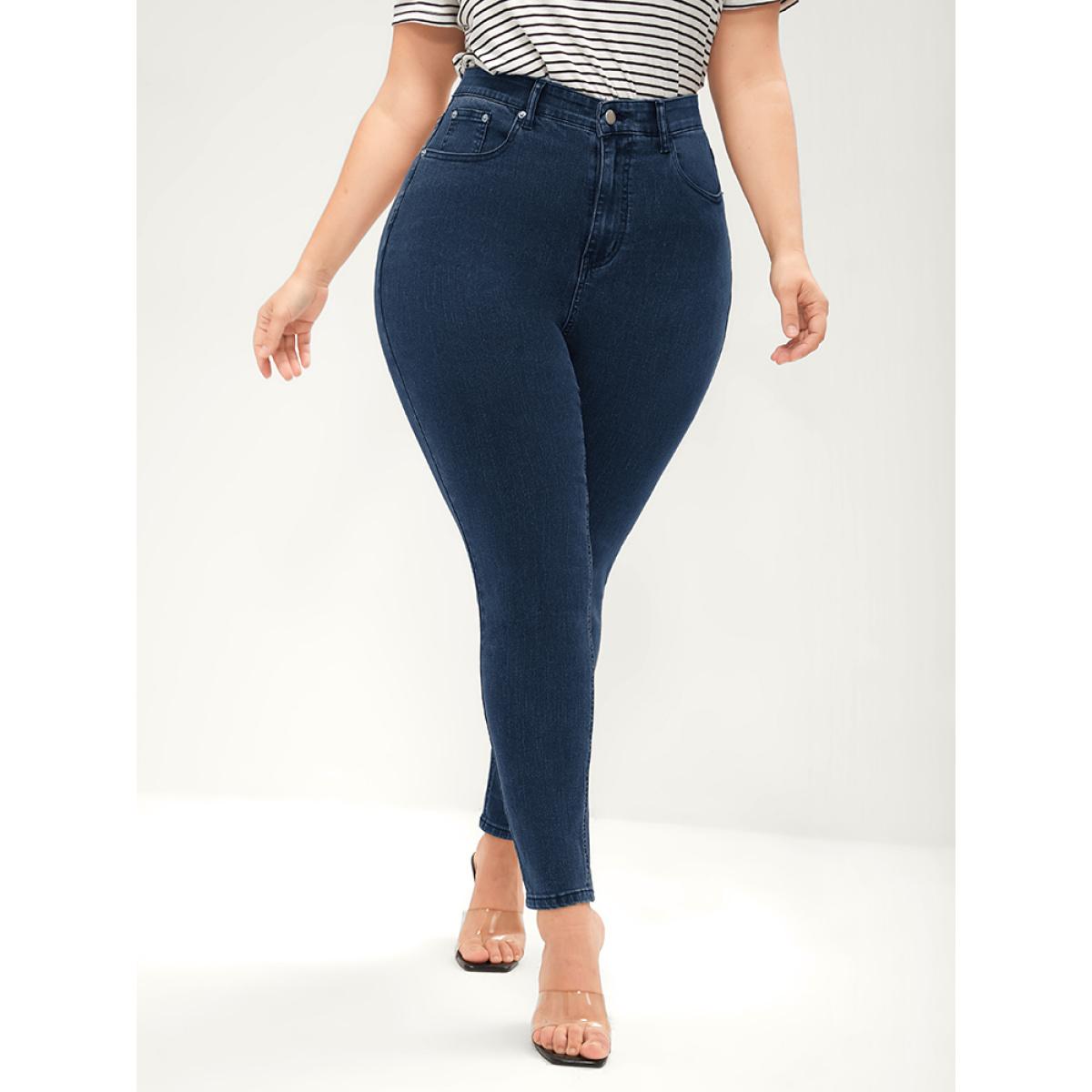 Plus Size Skinny Very Stretchy Mid Rise Dark Wash Gap Proof Jeans Women DarkBlue Office Plain Gap-proof High stretch Pocket Jeans BloomChic 30/6X Product Image