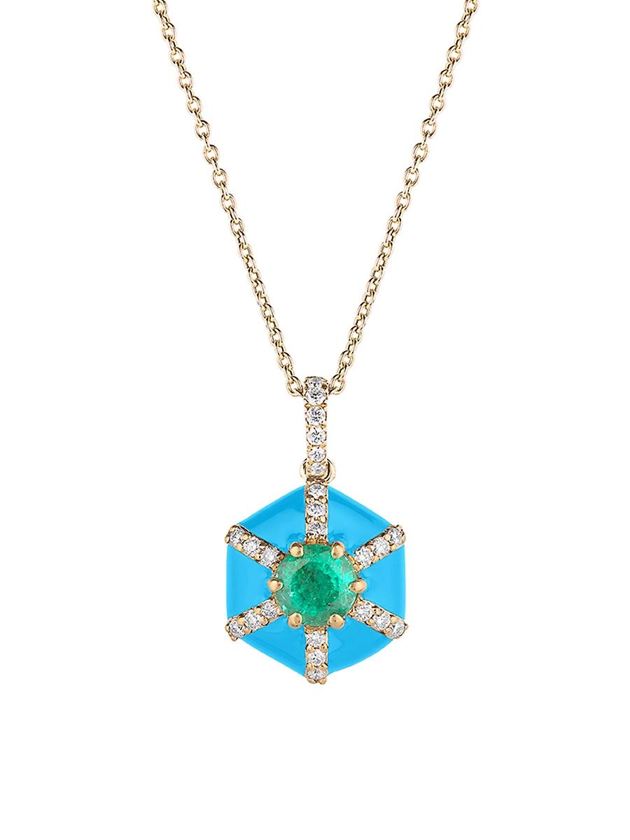 Womens Queen 18K Yellow Gold, Multi-Gemstone, & Enamel Hexagonal Pendant Necklace Product Image