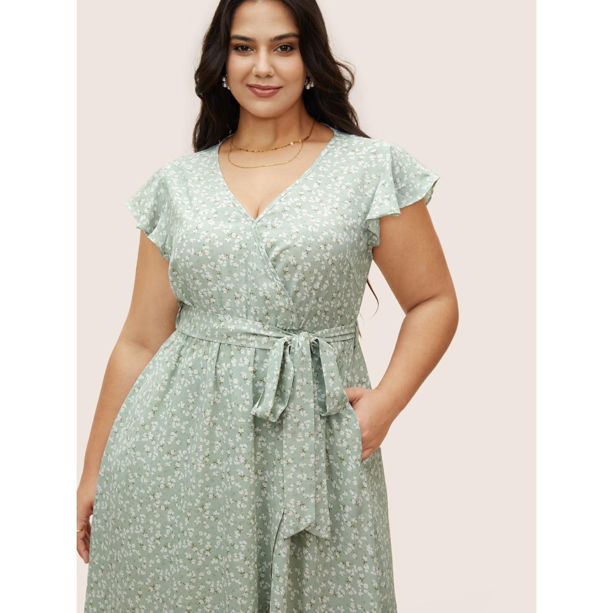 Plus Size Ditsy Floral Ruffle Cap Sleeve Belted Dress Mint Women Elegant Belted V-neck Cap Sleeve Curvy BloomChic 30/6X Product Image