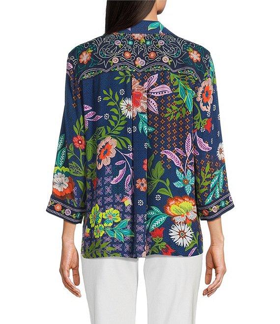 John Mark Floral Embroidered Woven Point Collar 3/4 Cuff Sleeve Popover Top Product Image