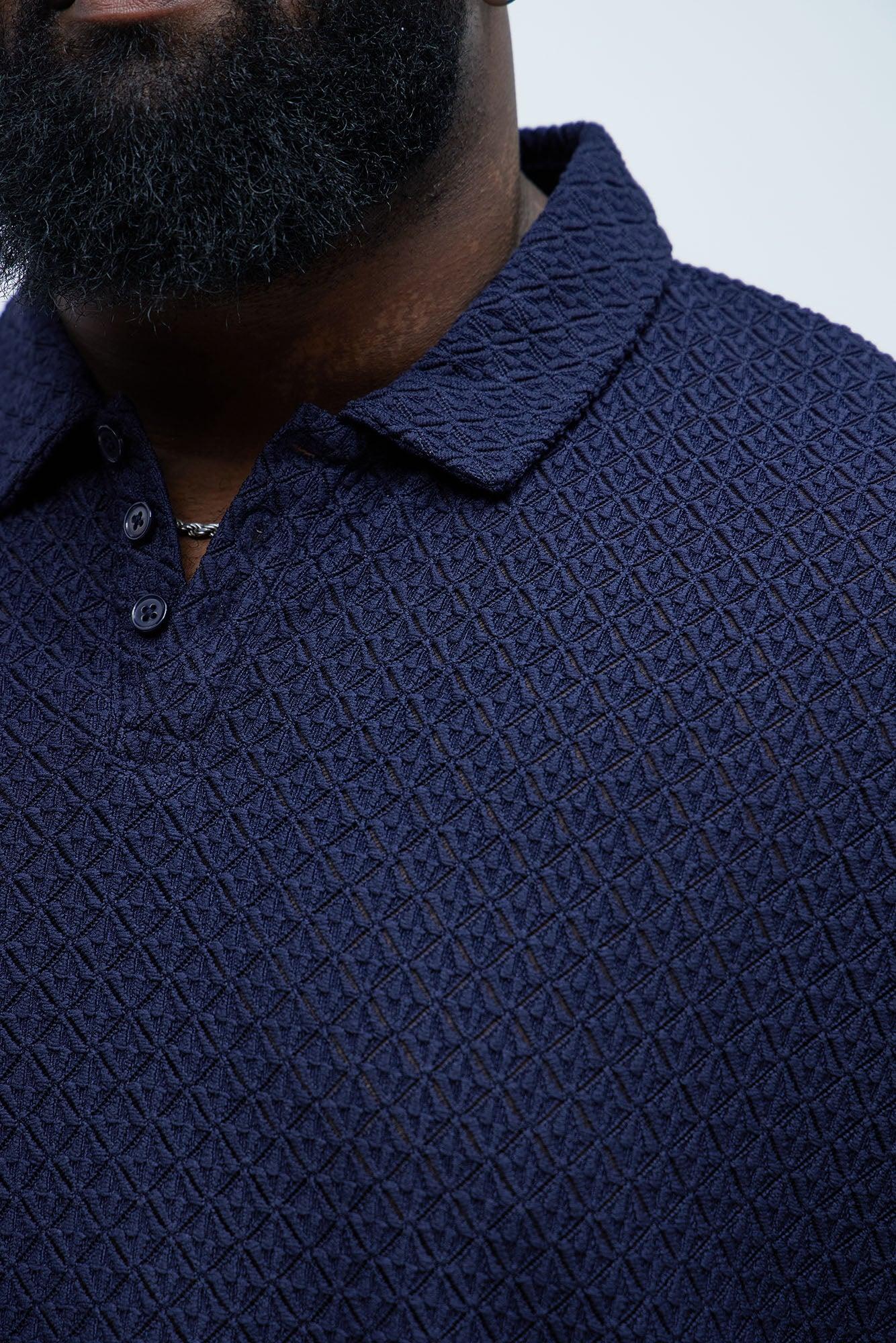 Ferrin Textured Knit Polo Shirt - Navy Product Image