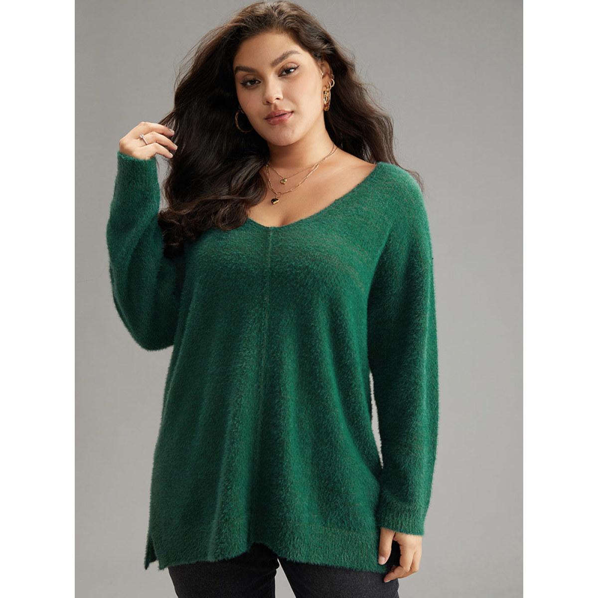 Plus Size Fuzzy Solid Split Side Patchwork Pullover DarkGreen Women Casual Loose Long Sleeve V-neck Dailywear Pullovers BloomChic 28/5X Product Image