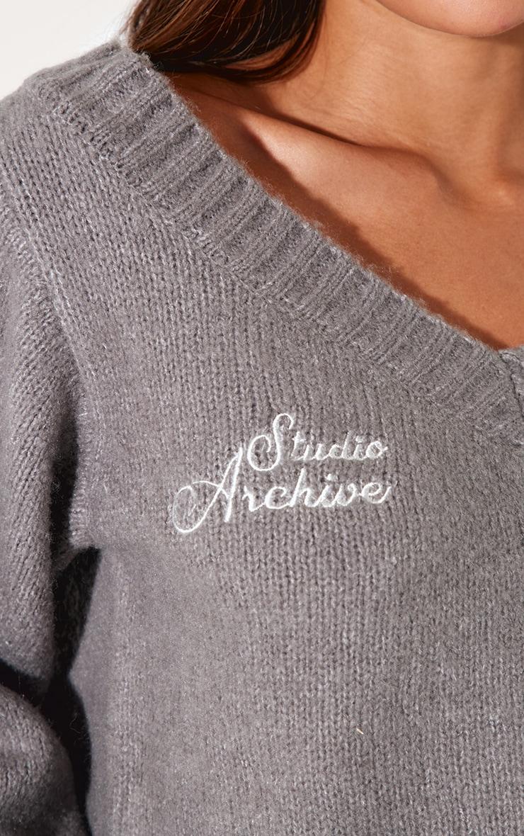  Grey Soft Knit Embroidered Slouchy Cropped Sweater Product Image