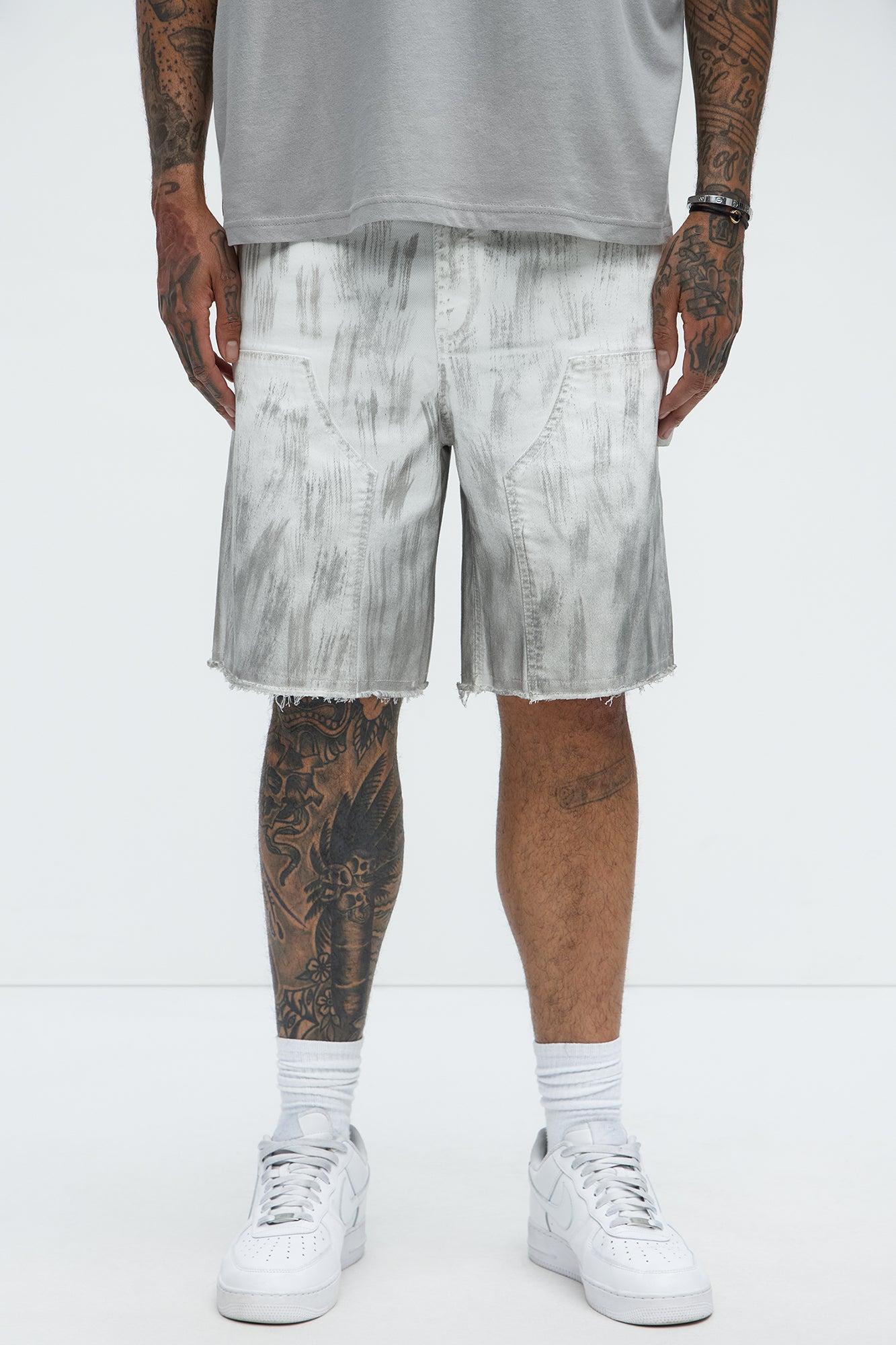 Brush Stained Relaxed Denim Carpenter Shorts - Grey Product Image