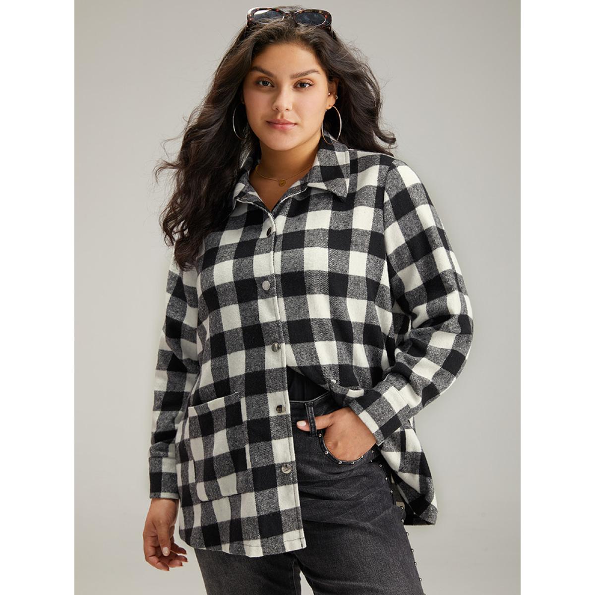 Plus Size Halloween Plaid Pocket Button Through Coat Women Black Casual Contrast Ladies Dailywear Winter Coats BloomChic 26/4X Product Image