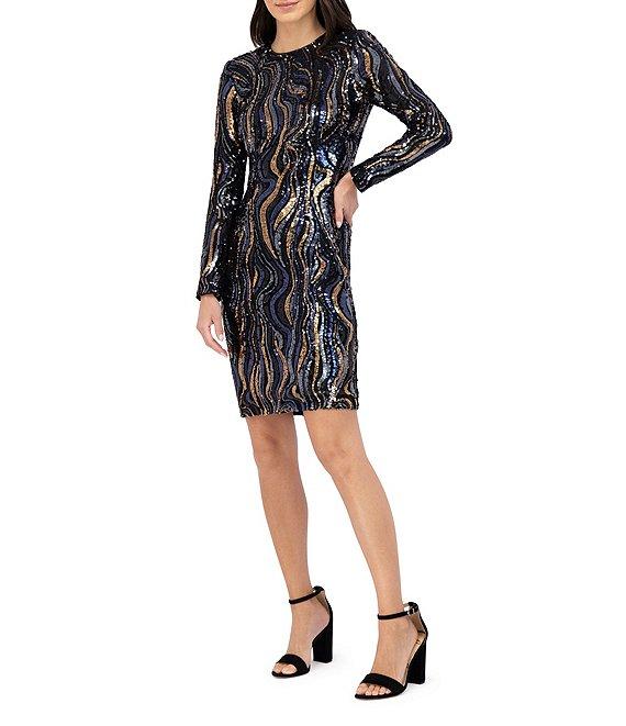 Vince Camuto Sequin Swirl Sheath Silhouette Boat Neck Long Sleeve Knee Length Dress Product Image